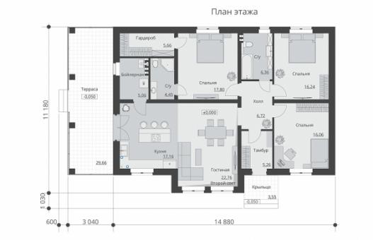 Одноэтажный дом с двумя санузлами и вторым светом.